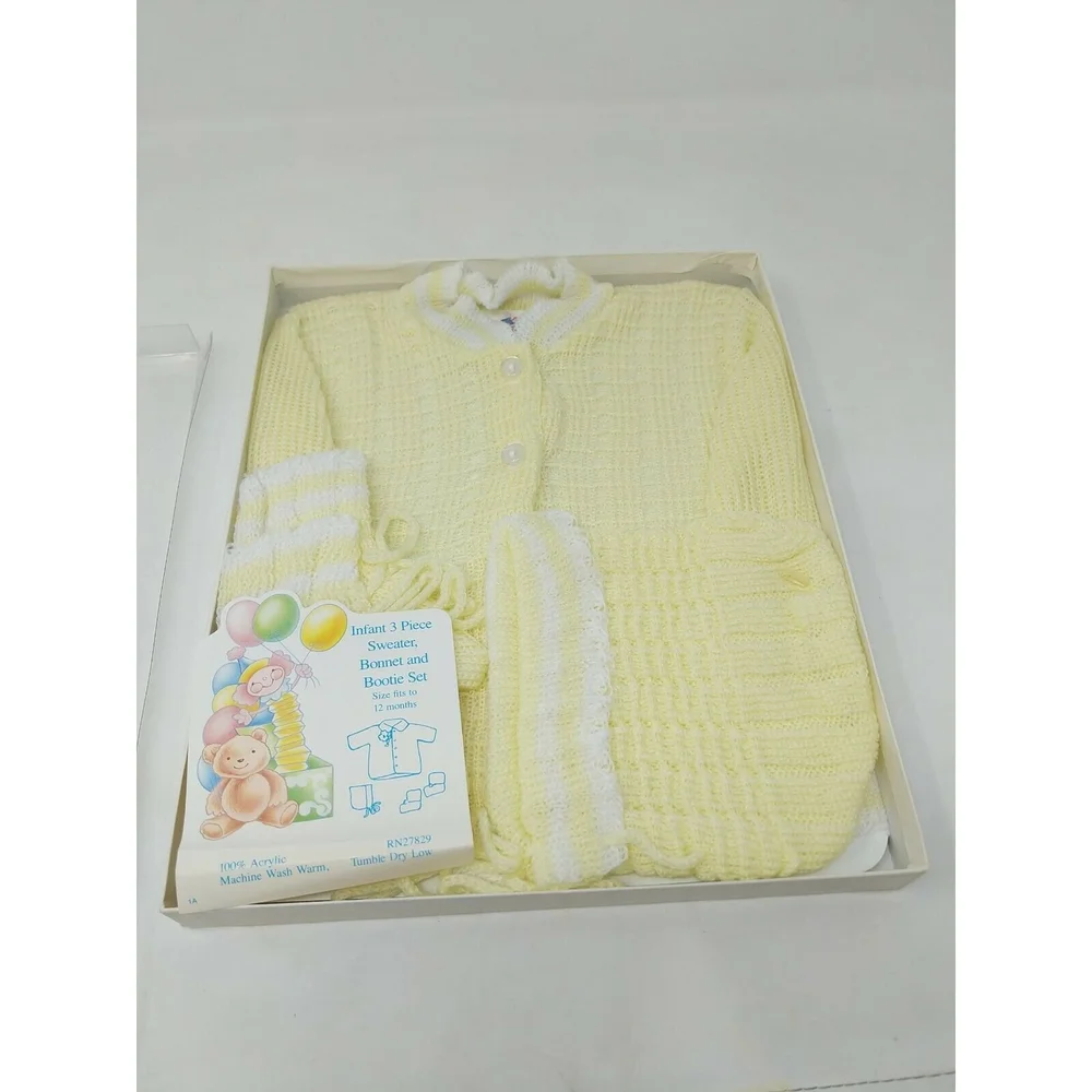 Cradle Knit Infant Baby Sweater Hat Bootie Set‎ Yellow VTG 1970s 70s 80s 1980s